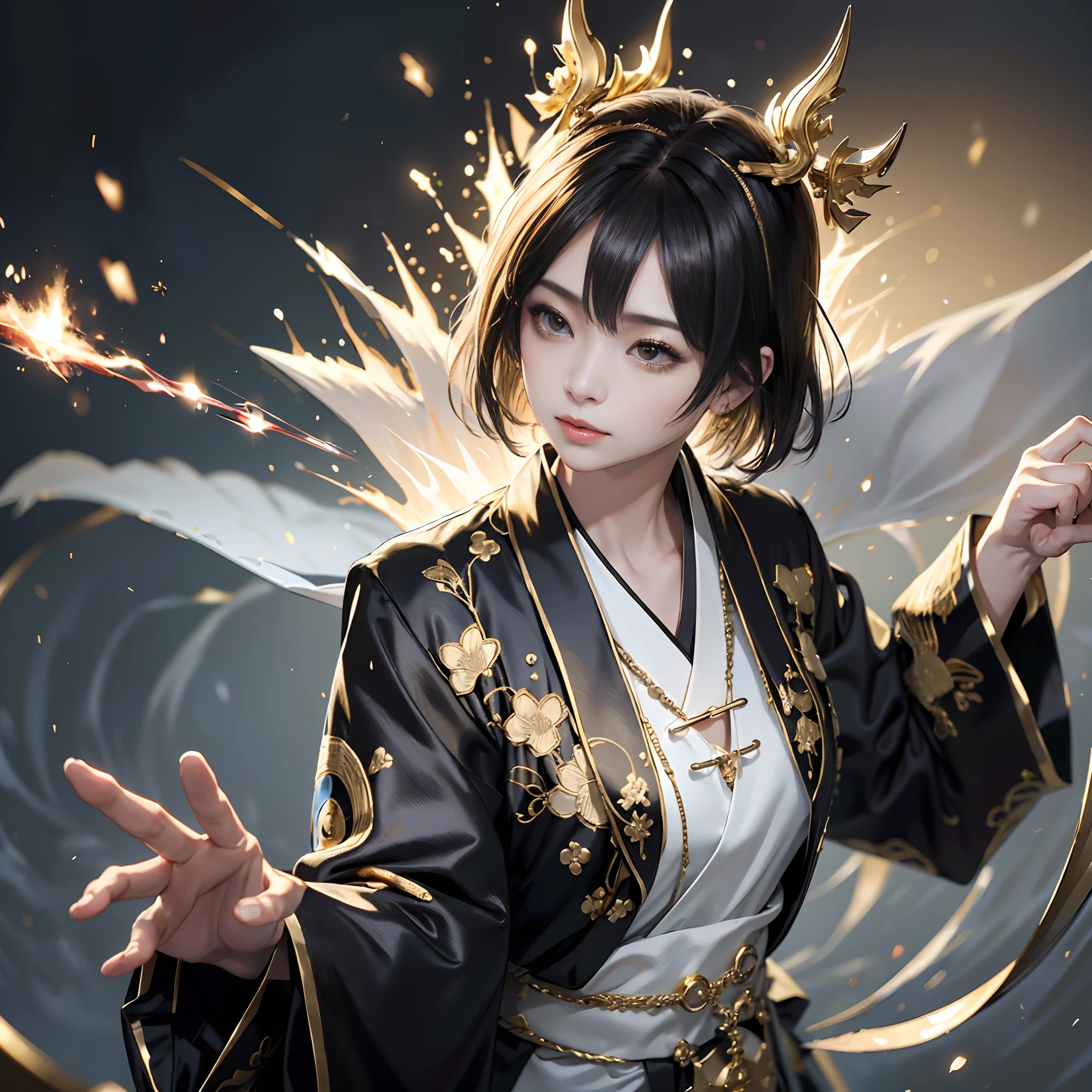 (rokoko:1.5),Background of details(Exploding Cities),BREAK ,elaborate costume(Luxury kimono(Black kimono(detailed embroidery(blanche,golds)))),BREAK,(1 Beautiful and classy adult woman(Shy smile:1.2)(Japanese actressl:1.2)(A dark-haired(short-hair:1.2))),(eye glass(four corners):1.2),(It's firing magic:1.5),BREAK,Wallpapers 16K,Blur the background,)(masutepiece,Best Quality,Portrait photos):1.5),full body Esbian