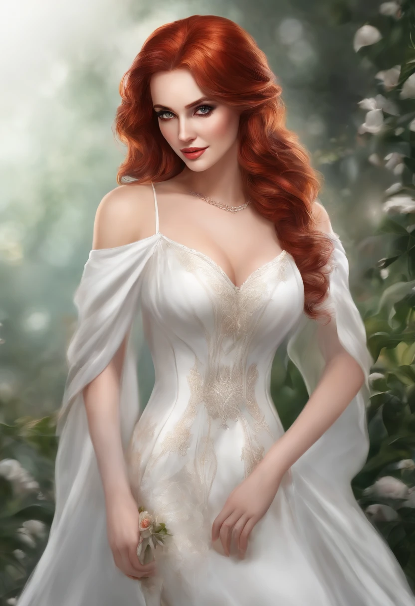 1girll, mature, Red hair, Red eyes, Large breasts:1, White dress, Simple background,