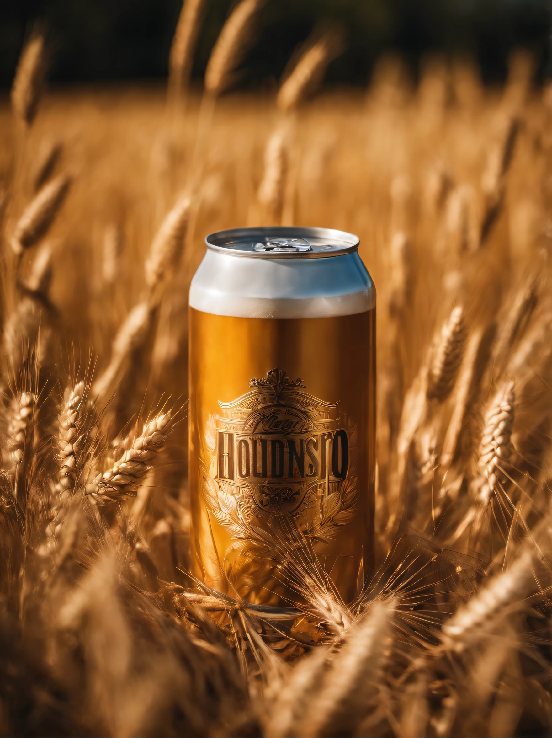 Epic image exclusively of a beer can in a wooden setting with lush and wonderful wheat scattered over the wood. The composition must be grandiose, com destaque para lata. Use three-point lighting to create depth and shadows. The ideal camera is a PhaseOne IQ180 with a 24mm lens. The aspect ratio should be 3:4 and the ISO 1000 setting for a balanced exposure. Apply a cinematic color correction for a stunning finishing touch. The scene should also contain hops.