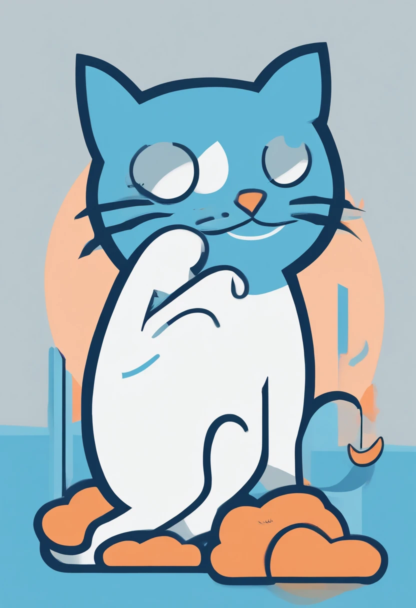 A simple figure illustration of a cat holding a fish all over, blue background, graffiti in the style of Keith Haring, sharp illustrations, bold lines and solid colors, simple details, minimalism