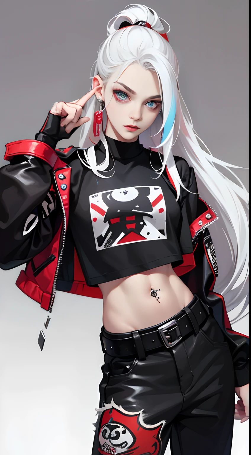 (masterpiece, best quality), absurdes, woman, white hair, sunglasses, white thighhighs, red background,   <lora:GoodHands-beta2:1>