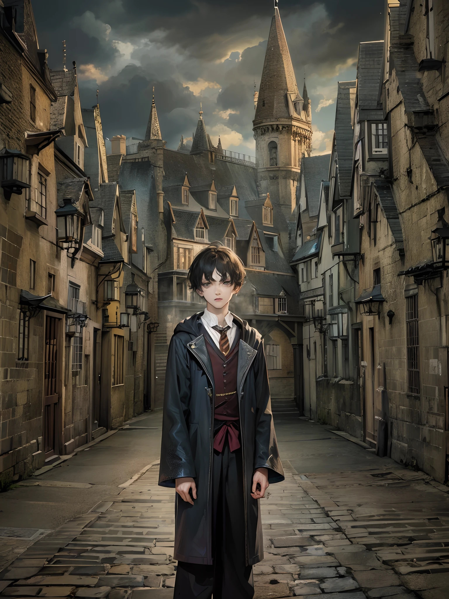 Absurdres masterpiece HDR high quality picture of a young handsome character from Harry potter portrait with a Tim Burton theme style