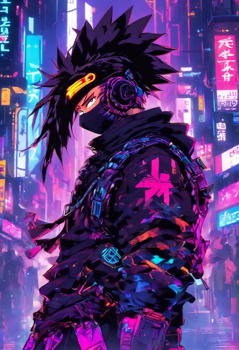 cyber punk ninja guy, with hip hop style in neo tokyo world, 2 swords on his back, neon lights, high quality, anime style