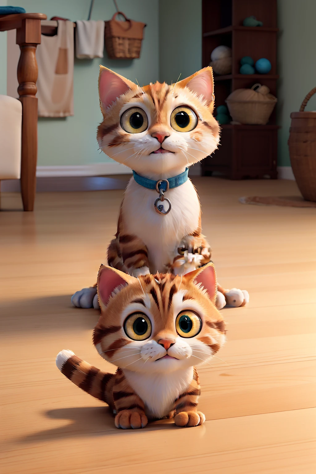 brown striped tabby cat with white chest and paws, with only right eye, with orange tabby kitten with only left eye.  They are batting a red ball of yarn in a patch of sun in pale aqua room with hardwood floors.