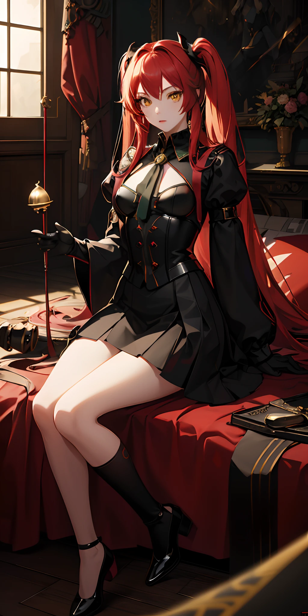 Animated character lower body, black and white cloak, aristocratic theme scene, cult