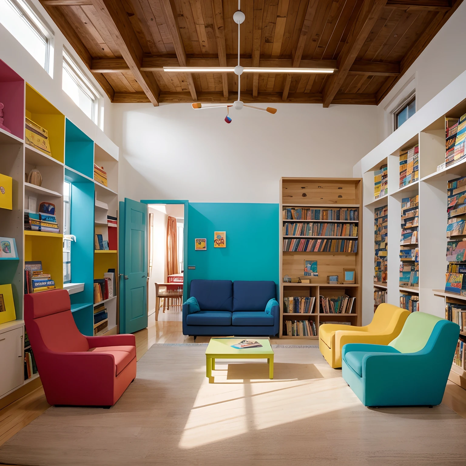 Design a children's library in a space 4 meters wide by 8 meters long, com o objetivo de criar um ambiente acolhedor, Colorful and cheerful for children. The project should include beautiful and comfortable furniture, paredes que estimulem a leitura e a criatividade, janelas amplas com cortinas, proporcionando uma atmosfera arejada. Describe how you would plan the layout, The Choice of Furniture, a paleta de cores, the décor and what specific elements would be included to make this library a welcoming and attractive place for children."