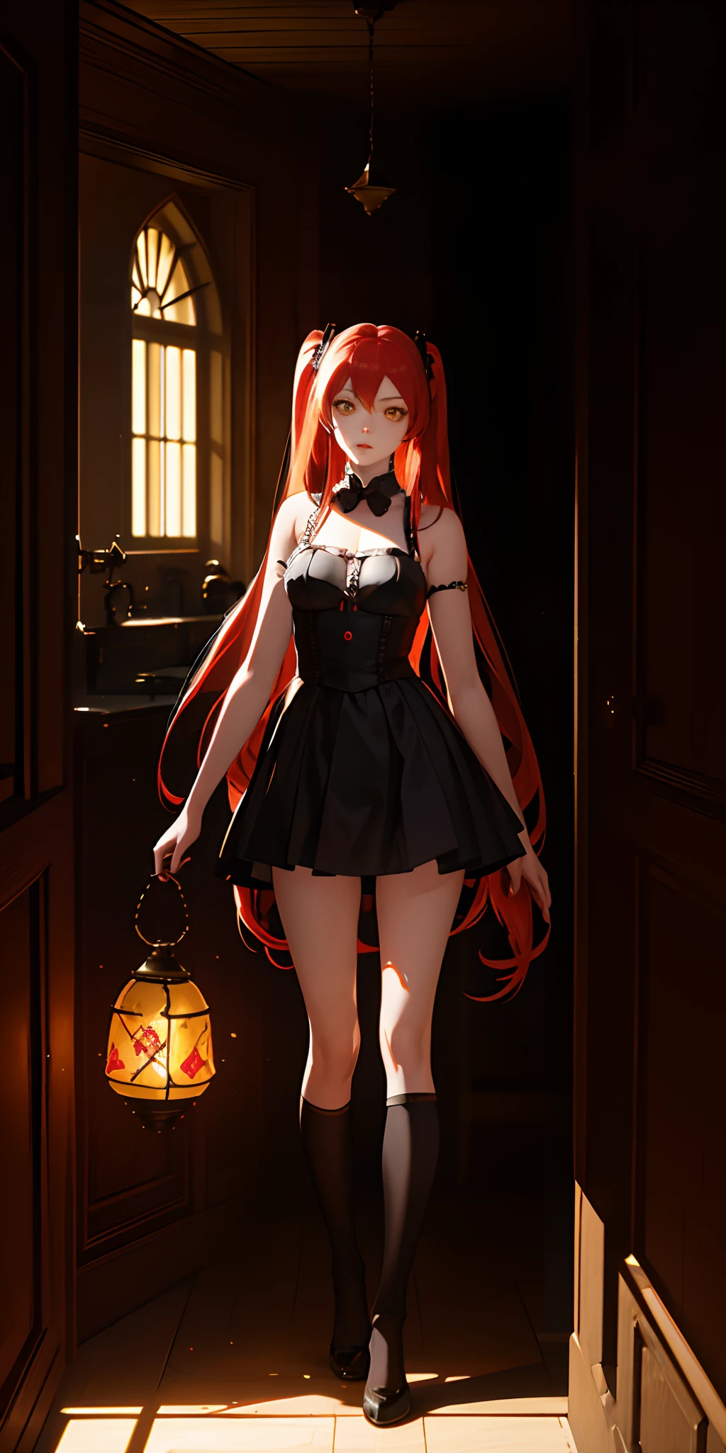 Absurdres masterpiece HDR high quality picture of realistic, 1girl, red hair, yellow eyes, hatsune miku, Disney style evil queen, dungeon, light particles, light rays from window, wallpaper,