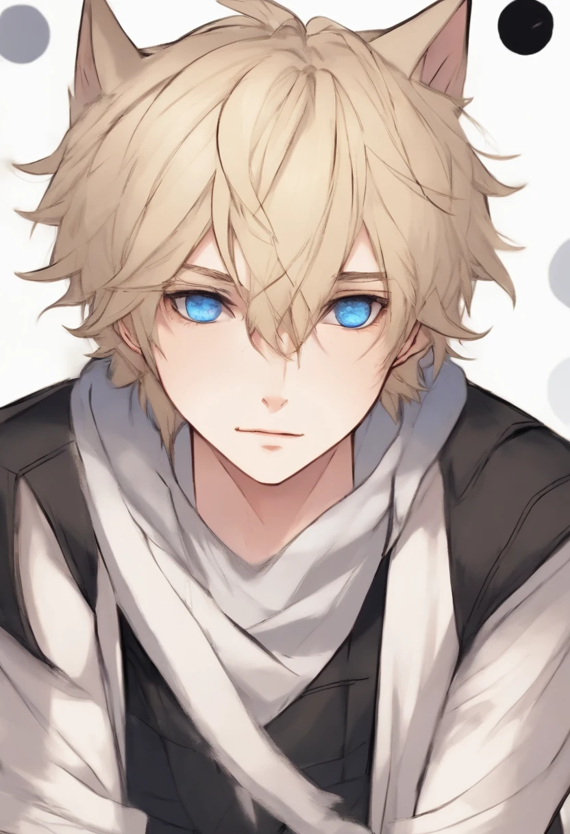 anime boy with light blonde hair in a wolf cut with blue eyes pale skin and a black sleeveless turtleneck with gray cargo pants. His hair is in a wolf cut he has beauty marks and has star earrings and a scar on his lip.