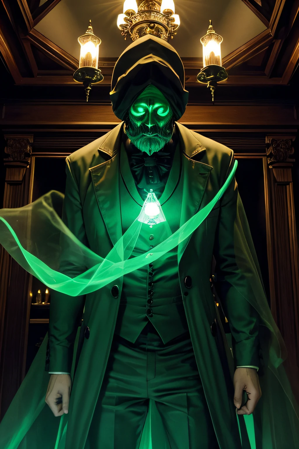 The ghost of a Victorian lord inside a haunted mansion, The ghost is floating and holding an old lamp with a green light, It is surrounded by floating green sails, cuerpo completo, Ojos rojos brillantes, Translucent, transparente, Efecto humo verde, Ambiente de Halloween, arte digital, el personaje es el villano de un videojuego de halloween