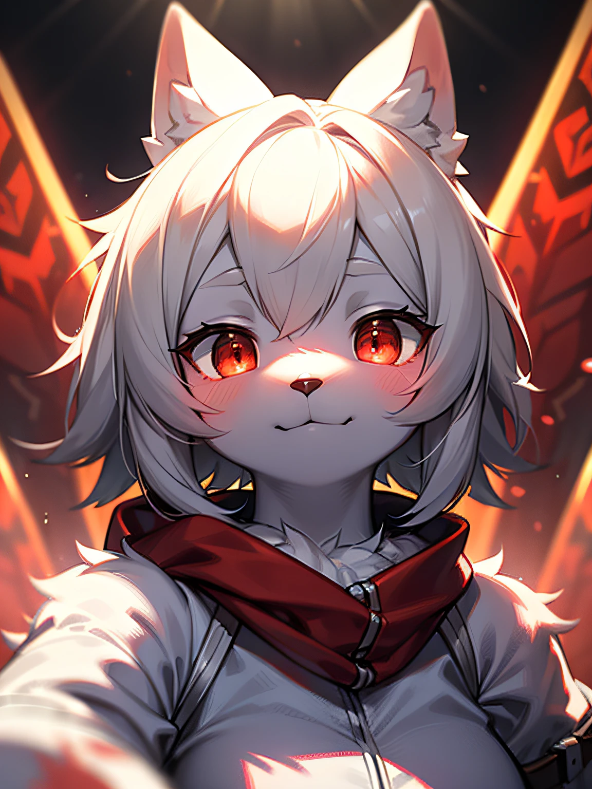 furry, white fur, ultra cute face, red elements on fur, beautiful lights and shadows, ambient light, ultra detailed fur, volumetric light