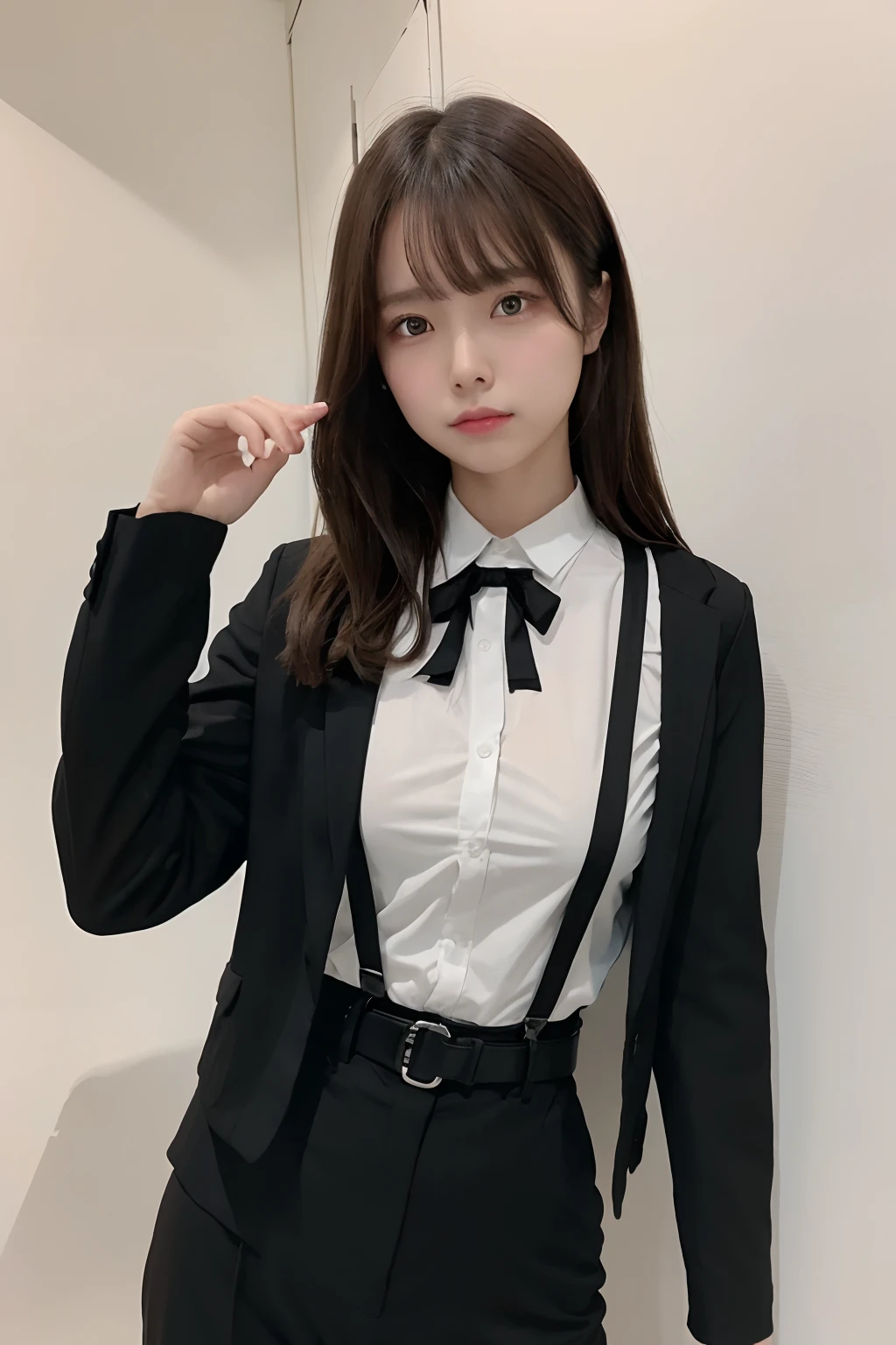 masterpiece、flat-colors、depth of fields、lens flare 1 girl、、Brown hair、watching at viewers a belt black suspenders Social OL ample bosom Armpit sweat perspiring Side of both hands walls: Black Suit Black pants, Black jacket