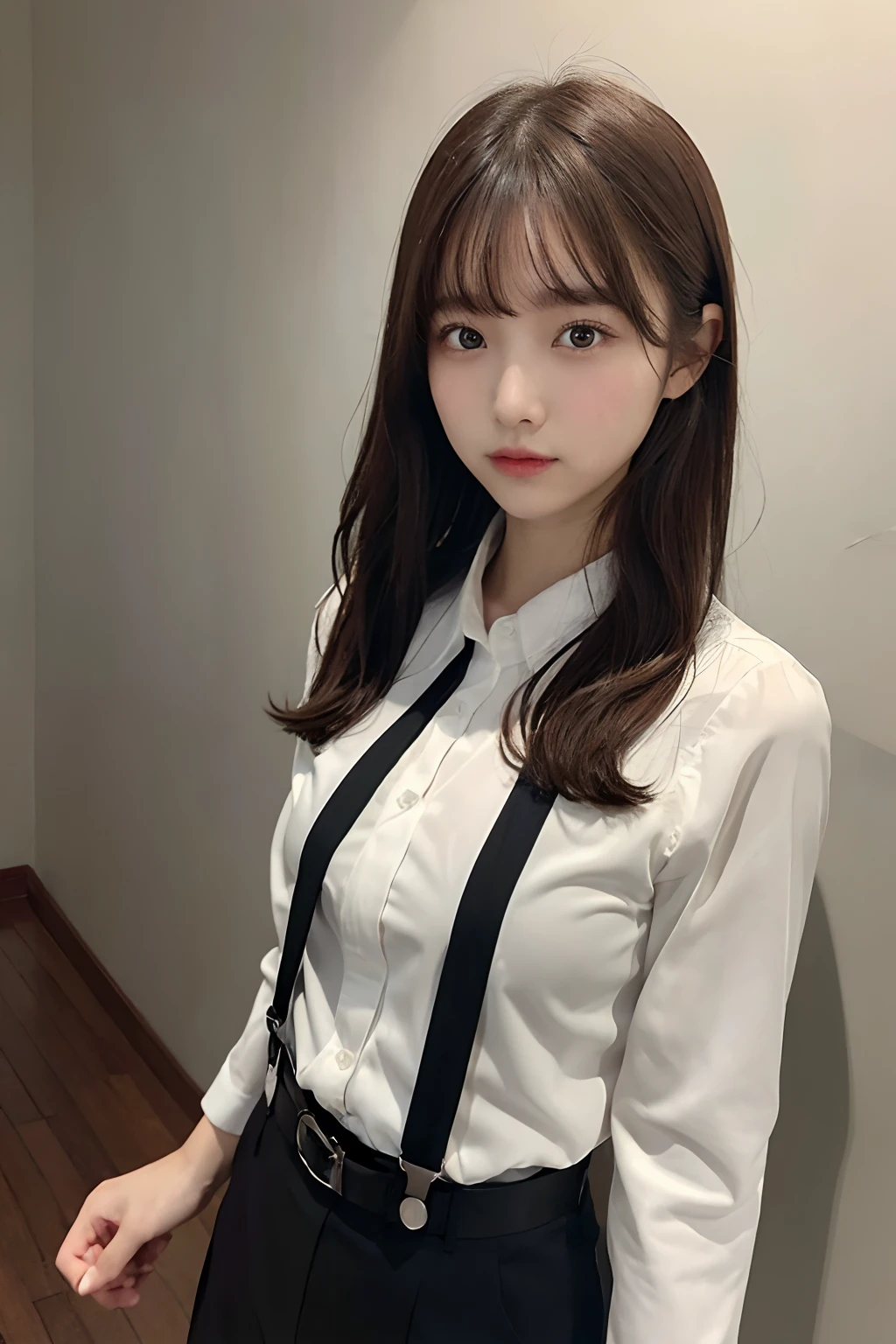masterpiece、flat-colors、depth of fields、lens flare 1 girl、、Brown hair、watching at viewers a belt black suspenders Social OL Too large breasts Armpit sweat perspiring Side of both hands walls: Black Suit Black pants, Black jacket