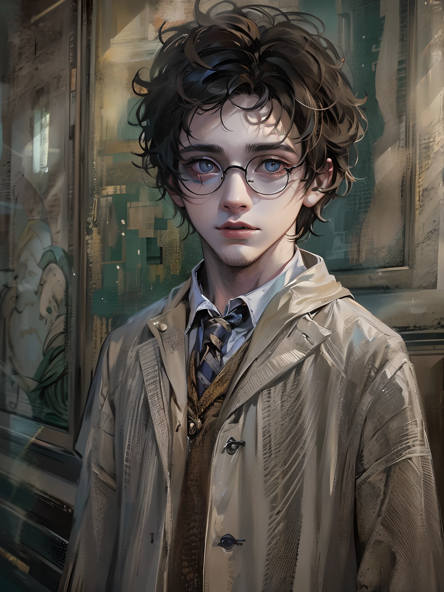 Absurdres masterpiece HDR high quality picture of a young handsome character from Harry potter portrait with a Tim Burton theme style