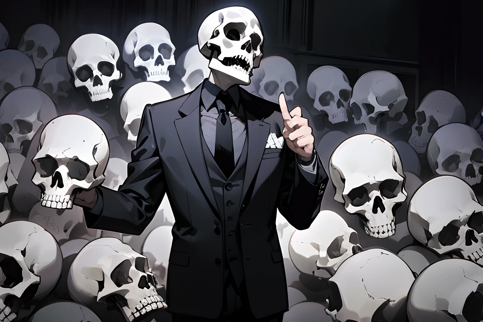 A large group of skulls in black suits and ties stood in the square with their mouths wide open,skulls,Look up,Black and white scribbled comics,Black buildings on background