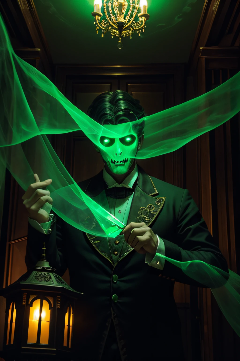The ghost of a Victorian lord inside a haunted mansion, The ghost is floating around and holding an old lamp with a green light, It is surrounded by floating green sails, cuerpo completo, Ojos rojos brillantes, Translucent, transparente, Efecto humo verde, Ambiente de Halloween, arte digital, el personaje es el villano de un videojuego de halloween