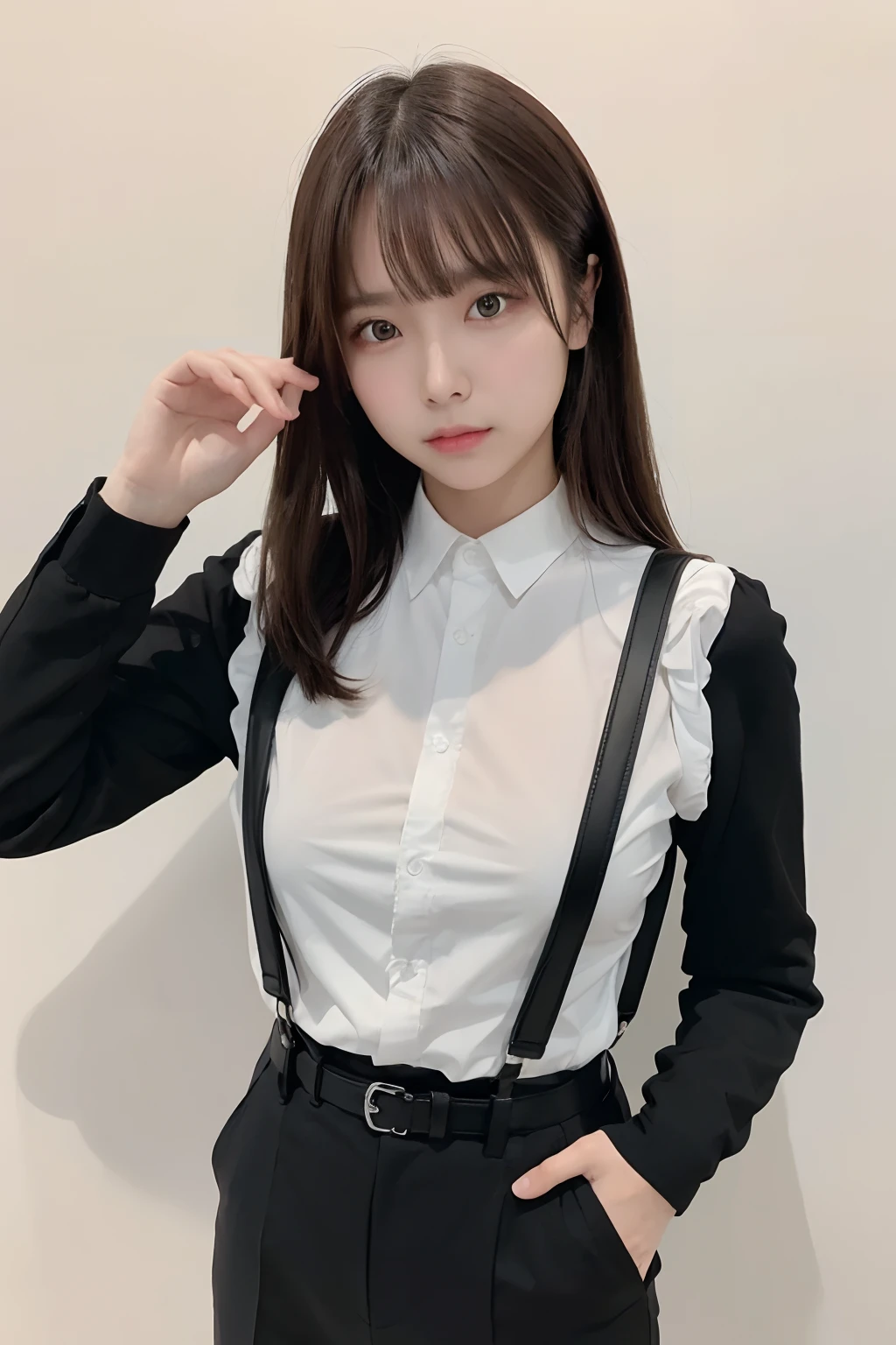 masterpiece、flat-colors、depth of fields、lens flare 1 girl、、Brown hair、watching at viewers a belt black suspenders Social OL ample bosom Armpit sweat perspiring Side of both hands walls: Black Suit Black pants, Black jacket