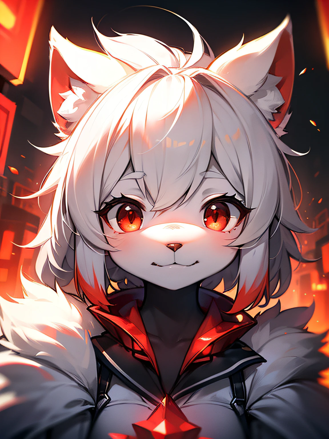 furry, white fur, ultra cute face, red elements on fur, beautiful lights and shadows, ambient light, ultra detailed fur, volumetric light