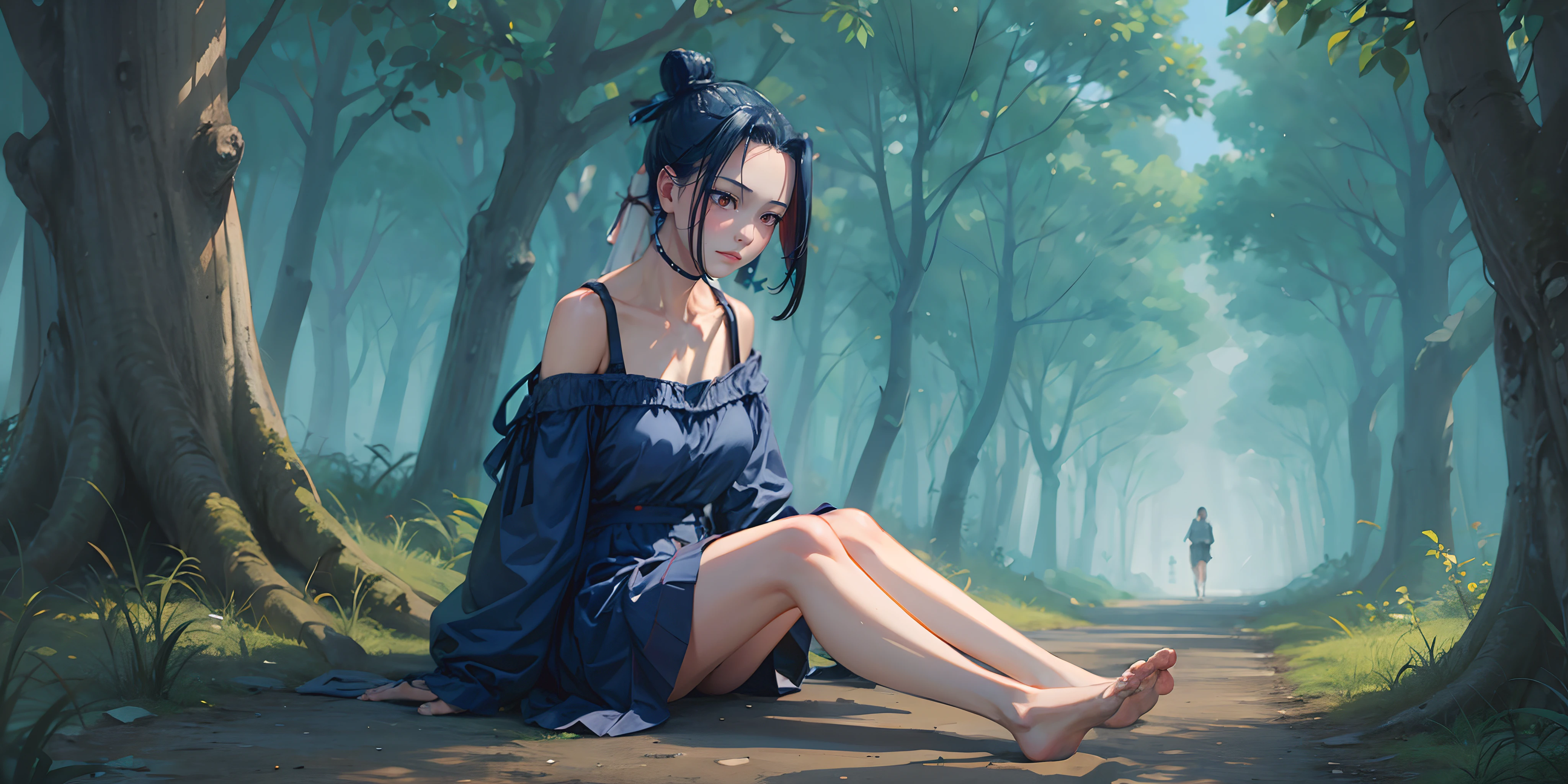 1girl, solo, tree, barefoot, sitting, nature, outdoors, bare_shoulders, forest, closed_mouth, bare_legs, long_sleeves, bangs, collarbone, blush, looking_at_viewer, off_shoulder, day, smile, brown_hair, short_hair, blue_skirt, brown_eyes, skirt, pleated_skirt, breasts, eyebrows_visible_through_hair, dress, "glow effects, godrays, Hand drawn, render, 8k, octane render, cinema 4d, blender, dark, atmospheric 4k ultra detailed, cinematic, Sharp focus, big depth of field, Masterpiece, colors, 3d octane render, 4k, concept art, trending on artstation, hyperrealistic, Vivid colors, extremely detailed CG unity 8k wallpaper, trending on CGSociety, Intricate, High Detail, dramatic", anime coloring, anime screencap, sweating, steaming body, fog, looking at viewer,