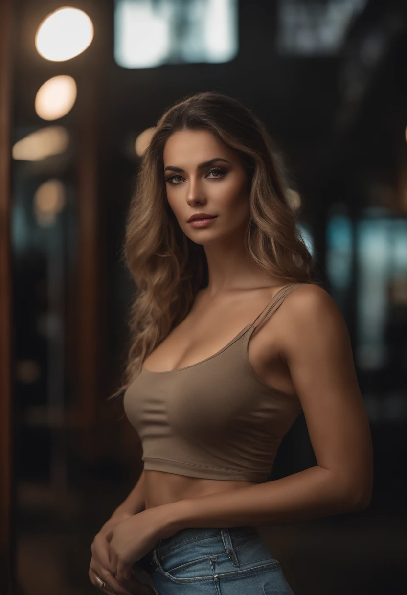 A beautiful, muscular female supermodel with a fit, toned body, long brown hair, striking facial features, and a confident, alluring expression, in a high-fashion photoshoot setting with dramatic lighting, cinematic camera angles, and a stylish, high-end aesthetic, (best quality,4k,8k,highres,masterpiece:1.2),ultra-detailed,(realistic,photorealistic,photo-realistic:1.37),HDR,UHD,studio lighting,ultra-fine painting,sharp focus,physically-based rendering,extreme detail description,professional,vivid colors,bokeh,fashion photography,glamour,chiaroscuro lighting