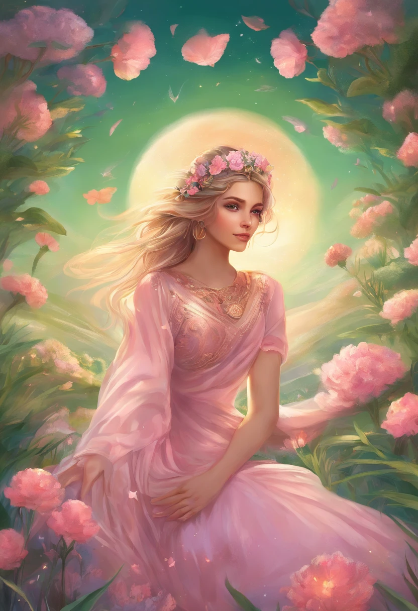 beautiful, masterpiece, best quality, extremely detailed face, perfect lighting, 1girl, solo, green eyes, looking at viewer, pink dress, solo, a goddess in a field of flowers, sitting on the cosmic cloudscape,jen bartel style