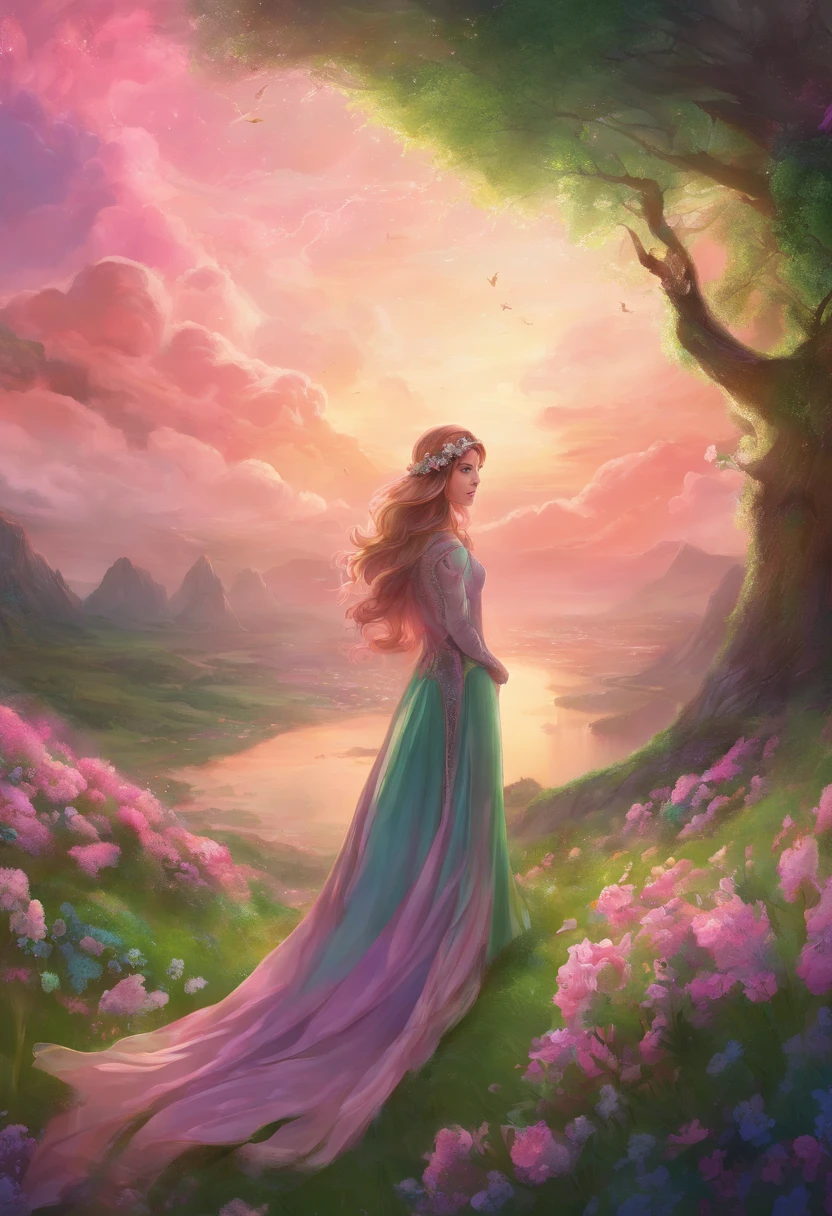 beautiful, masterpiece, best quality, extremely detailed face, perfect lighting, 1girl, solo, green eyes, looking at viewer, pink dress, solo, a goddess in a field of flowers, sitting on the cosmic cloudscape,jen bartel style