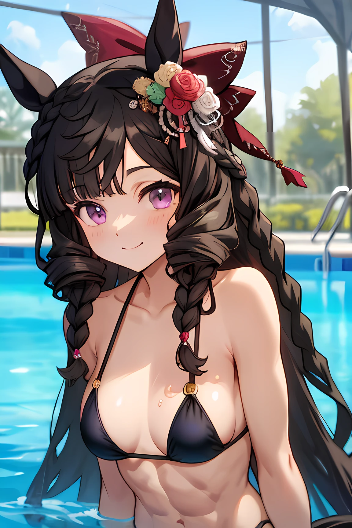 daiichi ruby \(umamusume\), masterpiece, best quality, ultra-detailed face, muscle, abs,frontage,detailed clear eyes, upper body,  plain bikini, horse tail, slender, pool, light smile,