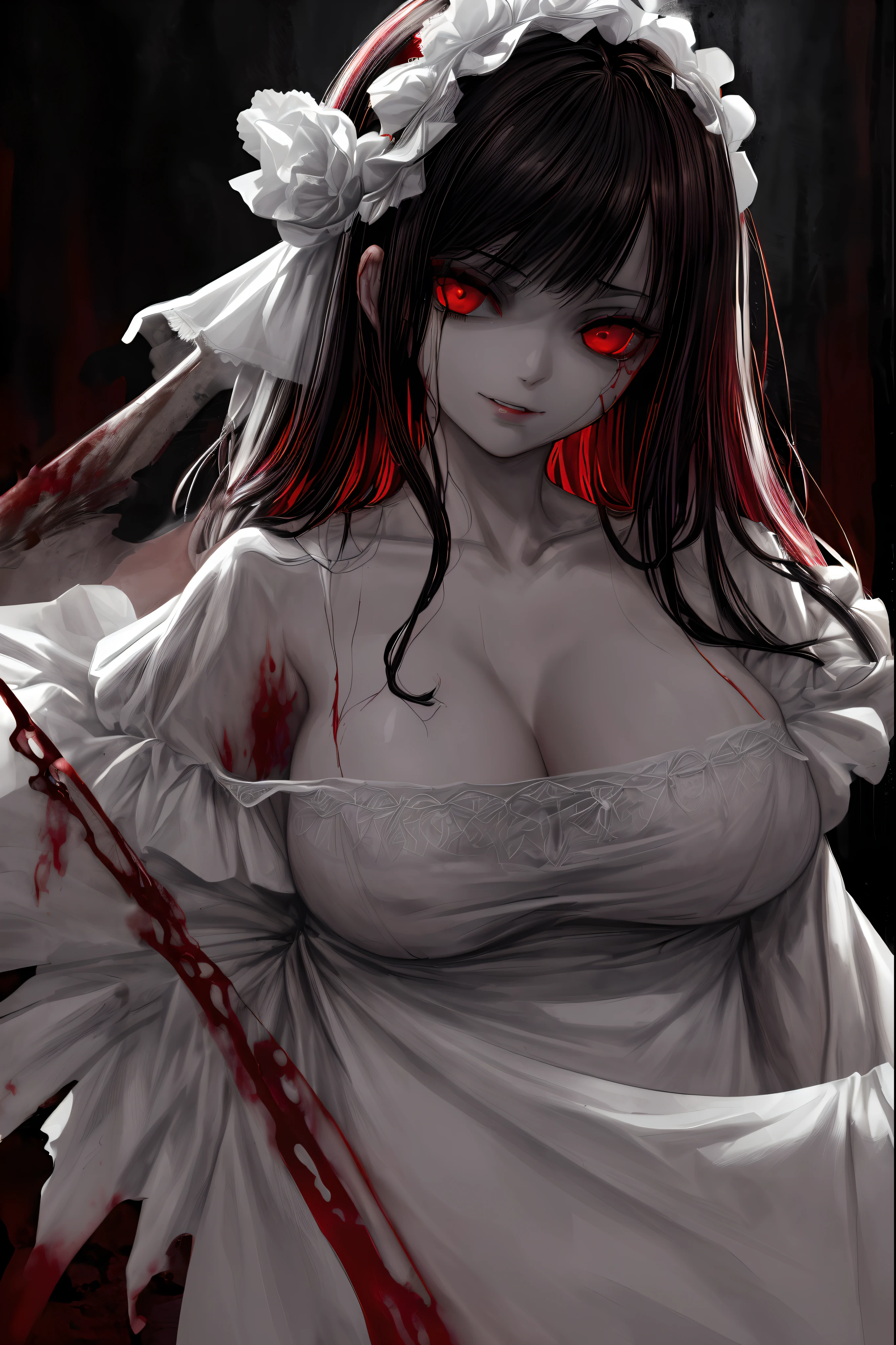 (absurdres:1.5), (highres), (masterpiece), (best quality:1.1), (ultra-detailed:1.1), (extremely delicate and beautiful), (Bloody beautiful face), 1 girl In a dark bloody room, beautiful face, (detailed face), best quality, curse, horror, dark hair, big boobs, realistic expression, realistic skin texture, glaring red eyes, grinning with bared teeth, ( Dressed in bloody white dress), (bloody white dress)), night, (dark bloody room:1.5), (bloody:1.5)(horror:1.5)