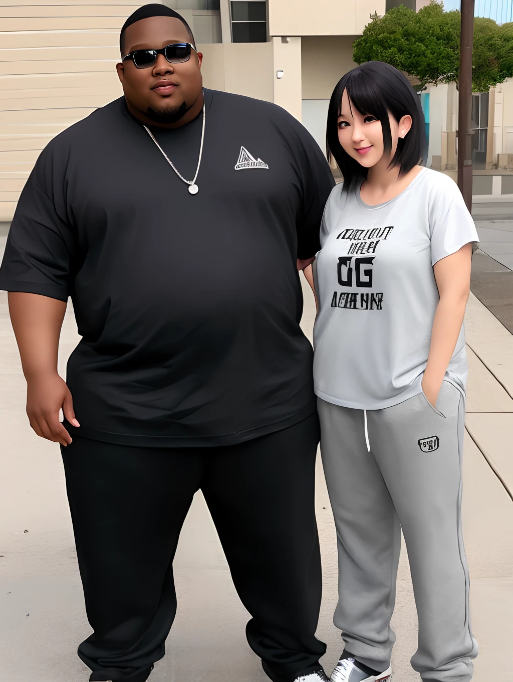 A fat dog with his wife in pant tshirt, nice muscle, both of nice body,