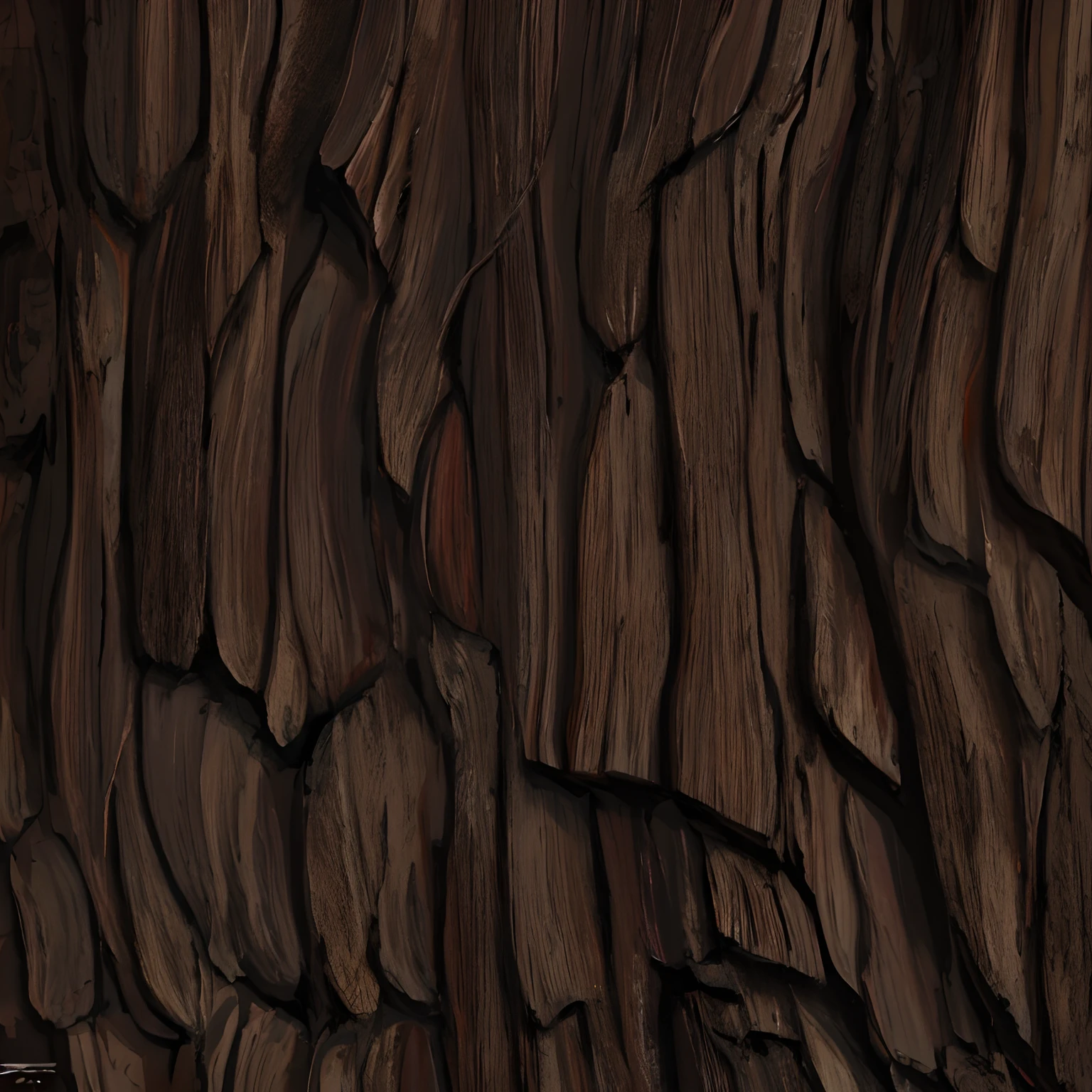 Create a image texture of stylized dark brown bark of a tree trunk , a stylized texture of the bark bark, the bark has deep grooves and lines that create a contrast. very detailed digital painting, uniform soft lighting, natural soft lighting. game texture, 2 d texture, 2d texture, rough texture, the bark texture, hand painted textures . Seamless, tillable,