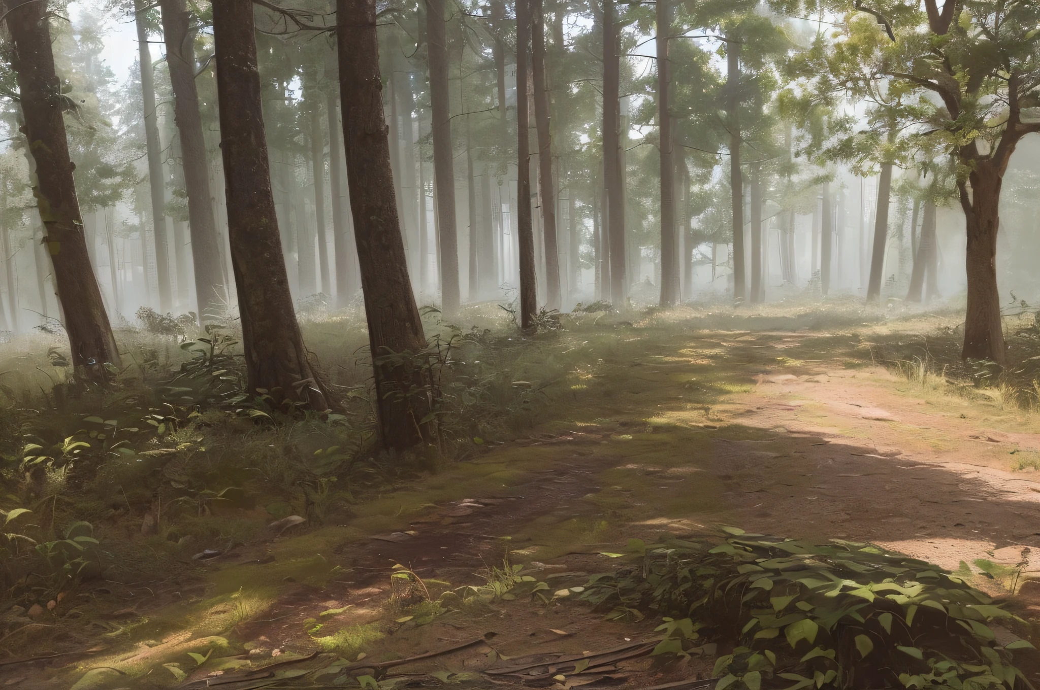 ((masterpiece, ultra realistic,32k,extremely detailed CG unity 8k wallpaper, best quality, Ultra HD)), ((a middle forest with strange trees)), (((stranger tree))), (((grass))), ((abandoned ruins)), fallen bricks, weeds, rubble, (((post-apocalyptic style))), dust, horror mood, (((Background anime)))