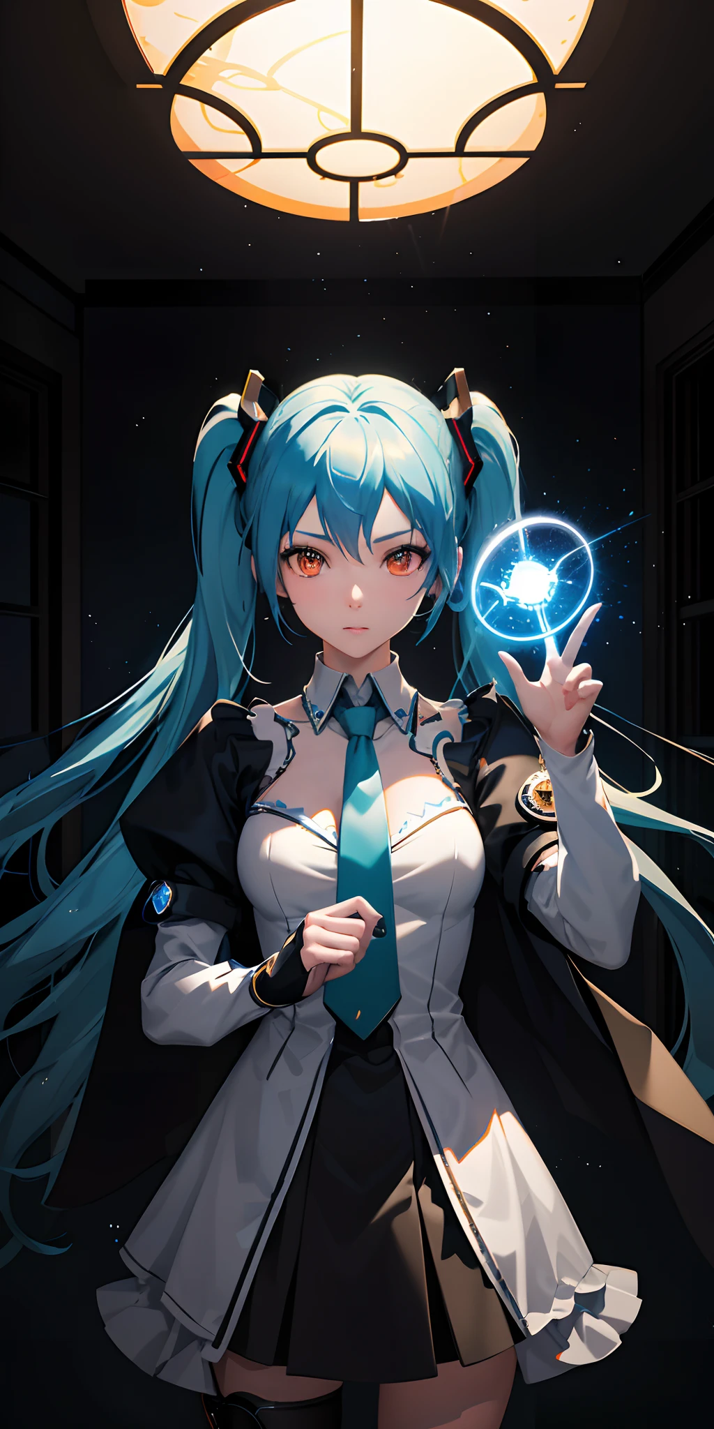 Absurdres masterpiece HDR high quality picture of realistic, 1girl, bluish hair, orange eyes, hatsune miku, Disney style evil queen, dungeon, light particles, light rays from window, wallpaper,