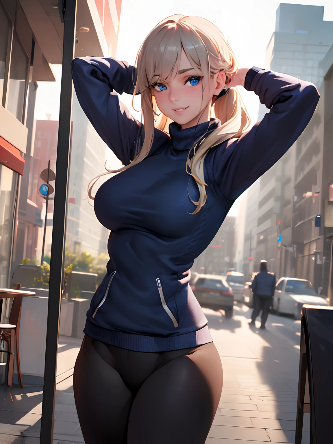 (masterpiece, best quality:1.4), (modern days), (cowboy shot), 1girl, solo, pov, sfw,
stunning girlfriend, (standing:1.1), dynamic pose, (white oversized sweater, knit sweater:1.4), (tight yoga pants, dark grey yoga pants:1.4), (short navy blue jacket, denim jacket:1.4), long blonde hair, swept bangs, heart shaped face, elegant face, beautiful face, highly detailed face, highly detailed skin, skin pores, subsurface scattering, (detailed blue eyes), realistic pupils, large breast, loving smile, looking at viewer, full face blush, full lips, holding a single coffee cup, centered,
coffee shop in background, city street, sunny day, wind, detailed background, depth of field, atmospheric perspective, volumetric lighting, sharp focus,
absurdres, realistic proportions, good anatomy, (realistic, hyperrealistic:1.4), 16k hdr,