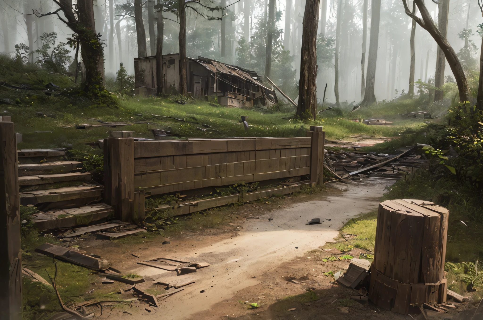((masterpiece, ultra realistic,32k,extremely detailed CG unity 8k wallpaper, best quality, Ultra HD)), ((a middle forest with strange trees)), (((stranger tree))), (((grass))), ((abandoned ruins)), fallen bricks, weeds, rubble, (((post-apocalyptic style))), dust, horror mood