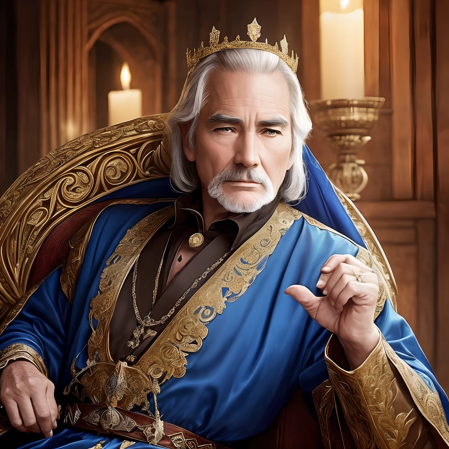 The king、medieval Europe、Fantasia、diadems、bule、First age、A dark-haired、short-haired、uptight、Wrinkles between the eyebrows
