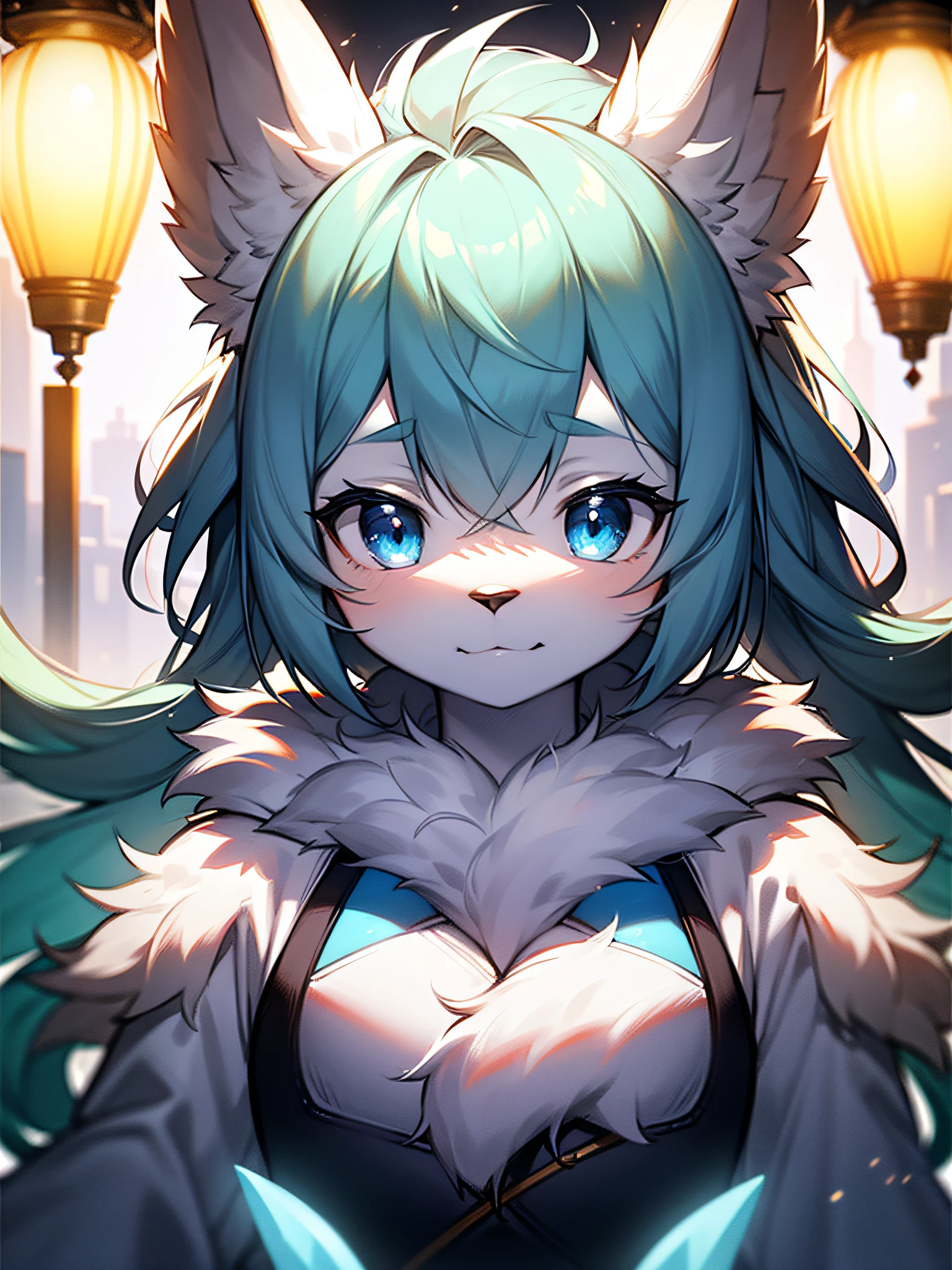furry, white fur, ultra cute face, blue elements on fur, beautiful lights and shadows, ambient light, ultra detailed fur, volumetric light