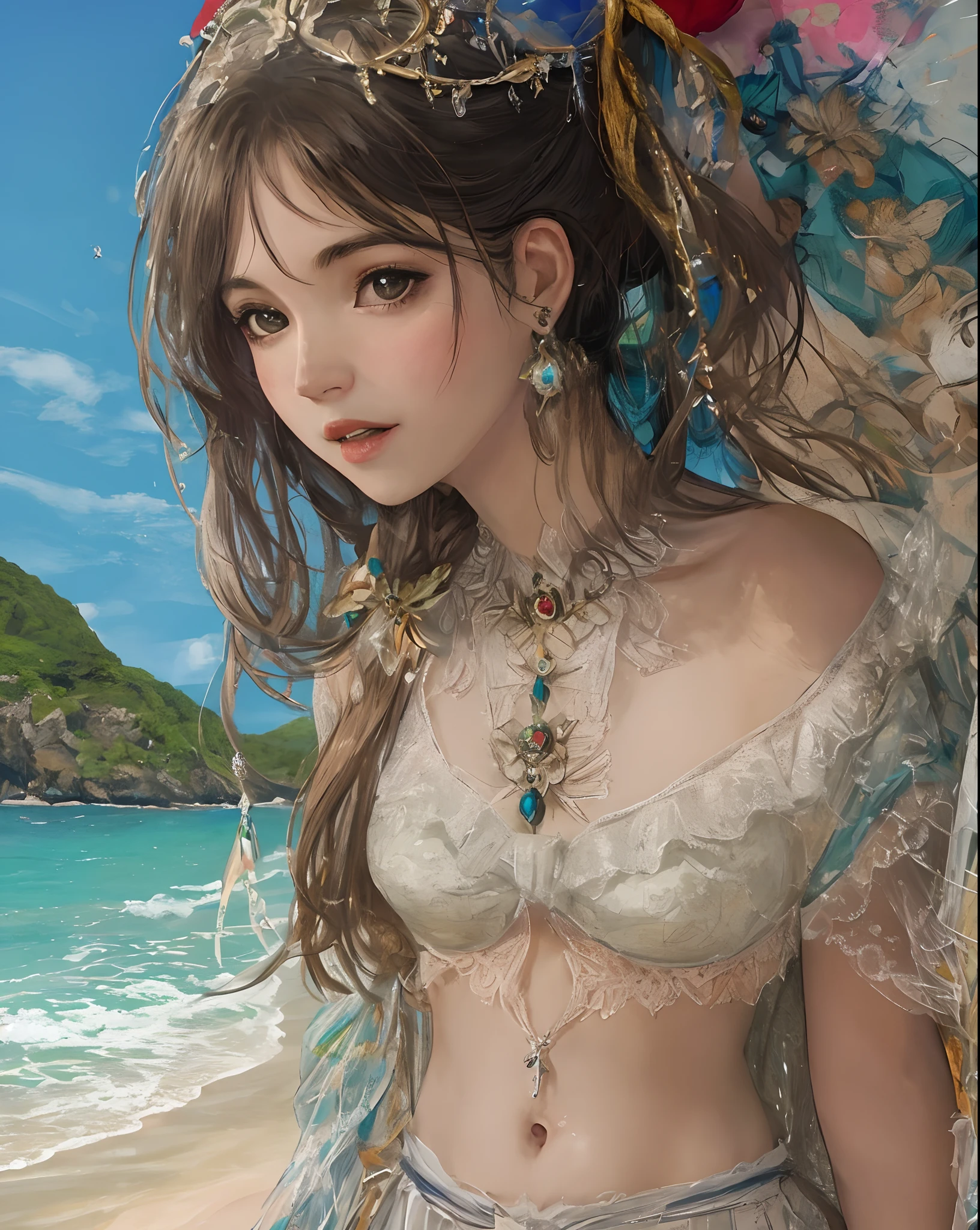 Very beautiful 17 year old girl, Cute Face、 Beautiful shiny bangs, ((Detailed depiction of a beautiful face))、 Refreshing and gentle look,Smiling Kindly、Beautiful and fair、Glowing Skin, bright,Small breasts,Lace Bikini,See through,Bikini Swimwear、Photorealistic perfect body、(A pareo with bold ethnic patterns and primary colors wrapped around the waist and skirt)、particles of Light、Light、tropical、cinematic Light、On the sunny beach、With the sea in the background、Blur the background、((Highest quality, masterpiece, High resolution)), 4K Digital Art、8K high quality, detailed art、((reality))、((Anime Art))、wallpaper、