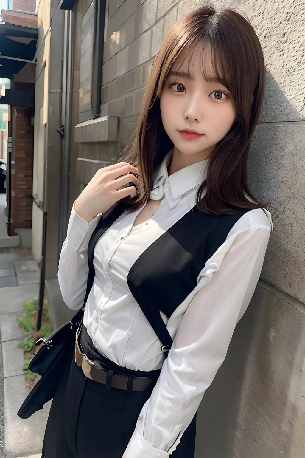 masterpiece、flat-colors、depth of fields、lens flare 1 girl、、Brown hair、watching at viewers a belt black suspenders Social OL ample bosom Armpit sweat perspiring Side of both hands walls: Black Suit Black pants, Black jacket