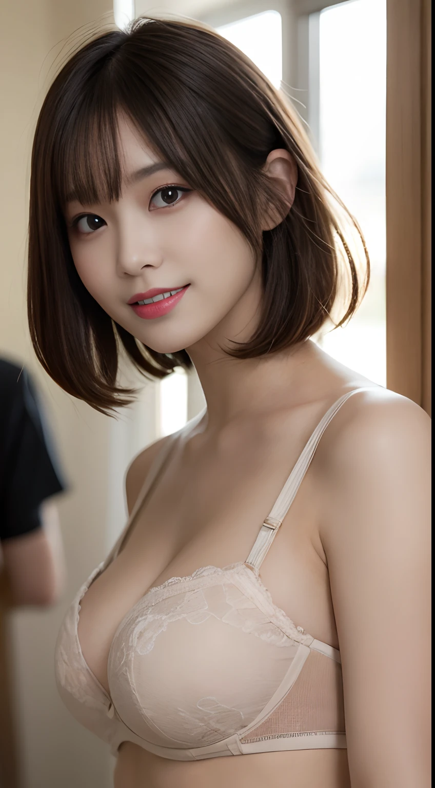 masutepiece, Best Quality, Illustration, Ultra-detailed, finely detail, hight resolution, 8K Wallpaper, Perfect dynamic composition, Beautiful detailed eyes, Women's Fashion Summer,In short Bob, Marron beige hair, A little bigger, Natural Color Lip, Bold sexy poses, bra very、G-cup Bust、Smile, Harajuku, 20 years girl, Cute, Sexy shot looking at camera、