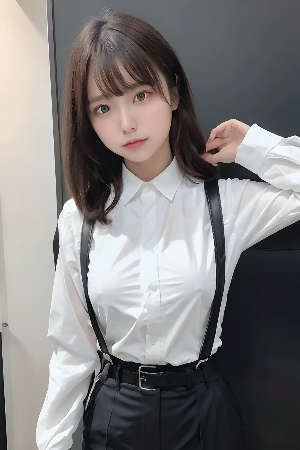 masterpiece、flat-colors、depth of fields、lens flare 1 girl、、Brown hair、watching at viewers a belt black suspenders Social OL ample bosom Armpit sweat perspiring Side of both hands walls: Black Suit Black pants, Black jacket