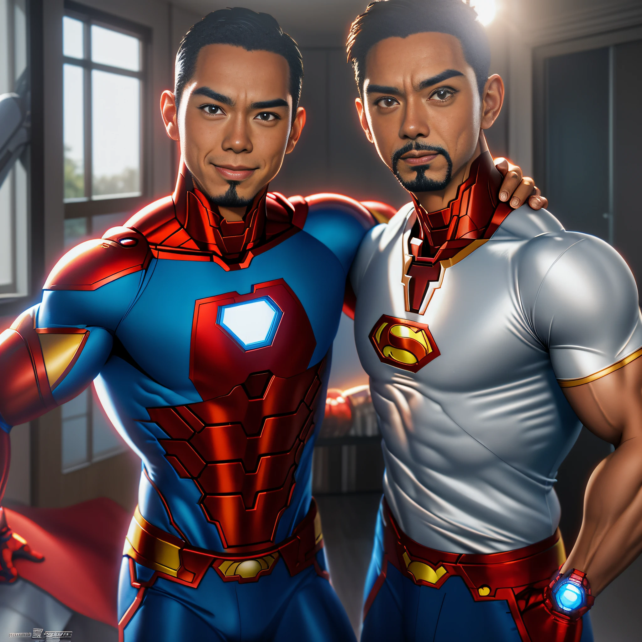 Two happy brothers posing and showing off his muscles (wearing heros shirt costumes), Hayao Miyasaki style, one brother with Superman shirt and other with Iron Man shirt, faces with joy, frank franzeta style, comic book style, intricate and detailed bodies