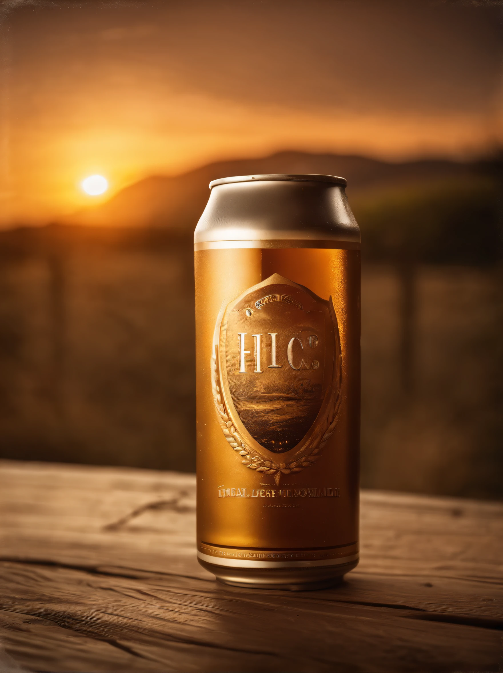 a can of beer, on a wooden surface, with lush and wonderful wheat, realistic photo, epic composition, advertising scene, with 3 points of light, photographed with PhaseOne IQ180, with 24mm lens, hero shot, color granding cinematic
