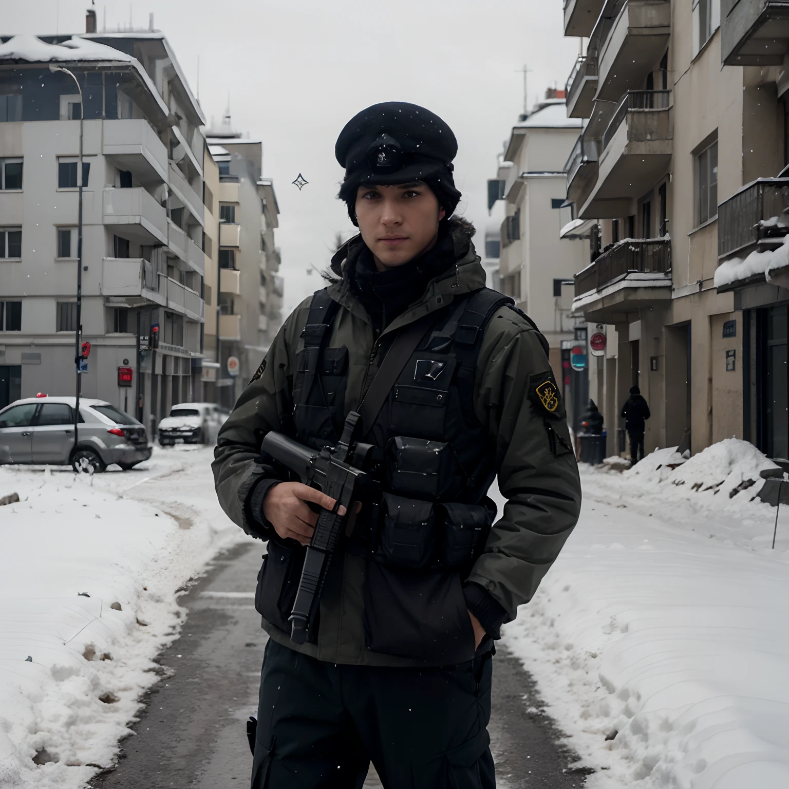 Chat soldat, Attitude forte, Fusil de maintien, French Insignia, AK47, parachutiste, neige, uniforme noir, hiver, Cityscape, Damaged buildings, Feline Paws, Gilet pare-balles