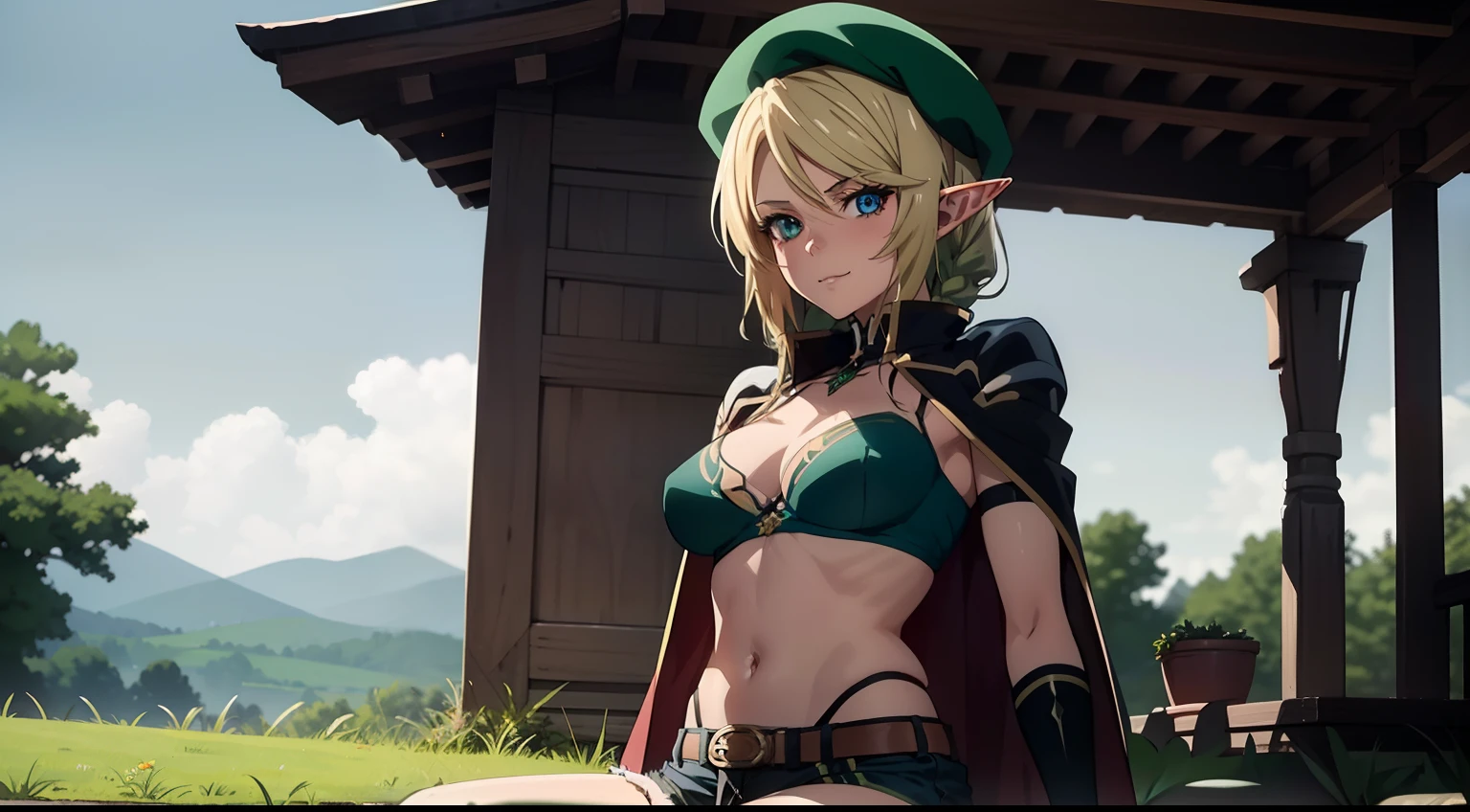 epic composition, night  sky, hight resolution, Sitting on the grass, portraite of a, The whole face, Anime Art Wallpaper 8K, beatiful face, The body is completely, Masterpiece, Best Quality, hight resolution, 1girl, stands in full growth, elf, pointed ears, green hair, hairlong, Green eyes, Hair Bow, black gloves, brown shorts, side locks, cloak, Green thighs, Short shorts, belt, small voluminous breasts, Average Breasts, Standing, Smile, (Masterpiece, Best Quality:1.2), Cowboy shot, 独奏, 1girl, Alleyn, elf, expressionless, looking a viewer, side braid, beret, cape, Upskirt, thights, thights, green shoes, thigh boots, elbow gloves, midriff, cleavage, Alleyn, elf, side braid, large breasts, blonde hair, blue eyes, 18 year old girl with perfect breasts, long breasts, Spits , (Perfect & Curved body, Best Quality, High Resolution, photorealestic, photogenic, Unity 8k壁纸, (illustartion: 0.8), (Beautiful detailed pink eyes: 1.6), extremely detailed face, perfect  lighting, extremely detailed CGI , (perfect arms, perfect anatomy), 18 year old girl with perfect breasts, Spits , (Perfect & Curved body, Leaf tattoos run all over her body, Bubian Hair), Hair is long and dull, red hair, beatiful face, roof, master study, intricate details, Detalhes realistas, the anime,