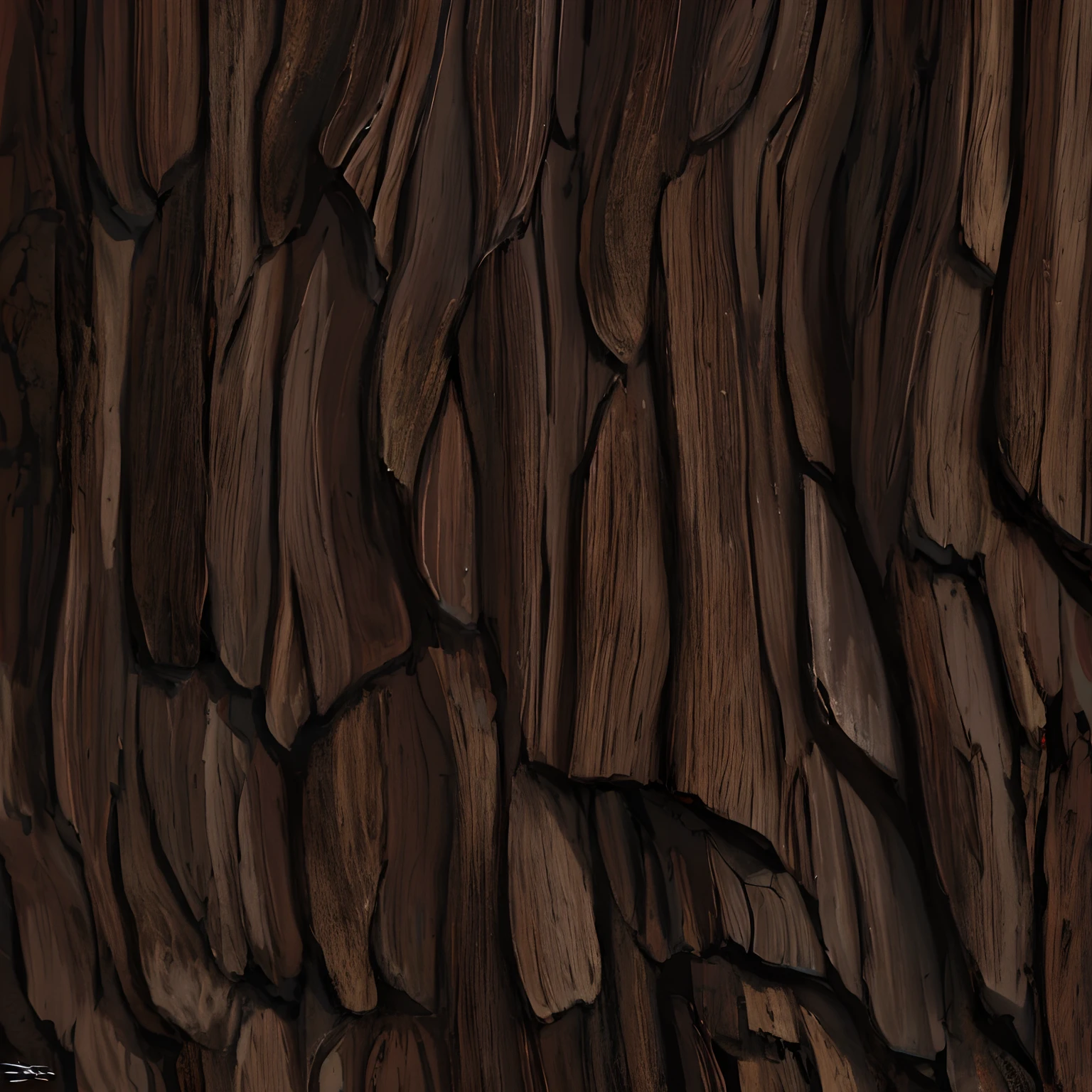 Create a image texture of stylized dark brown bark of a tree trunk , a stylized texture of the bark bark, the bark has deep grooves and lines that create a contrast. very detailed digital painting, uniform soft lighting, natural soft lighting. game texture, 2 d texture, 2d texture, rough texture, the bark texture, hand painted textures . Seamless, tillable,