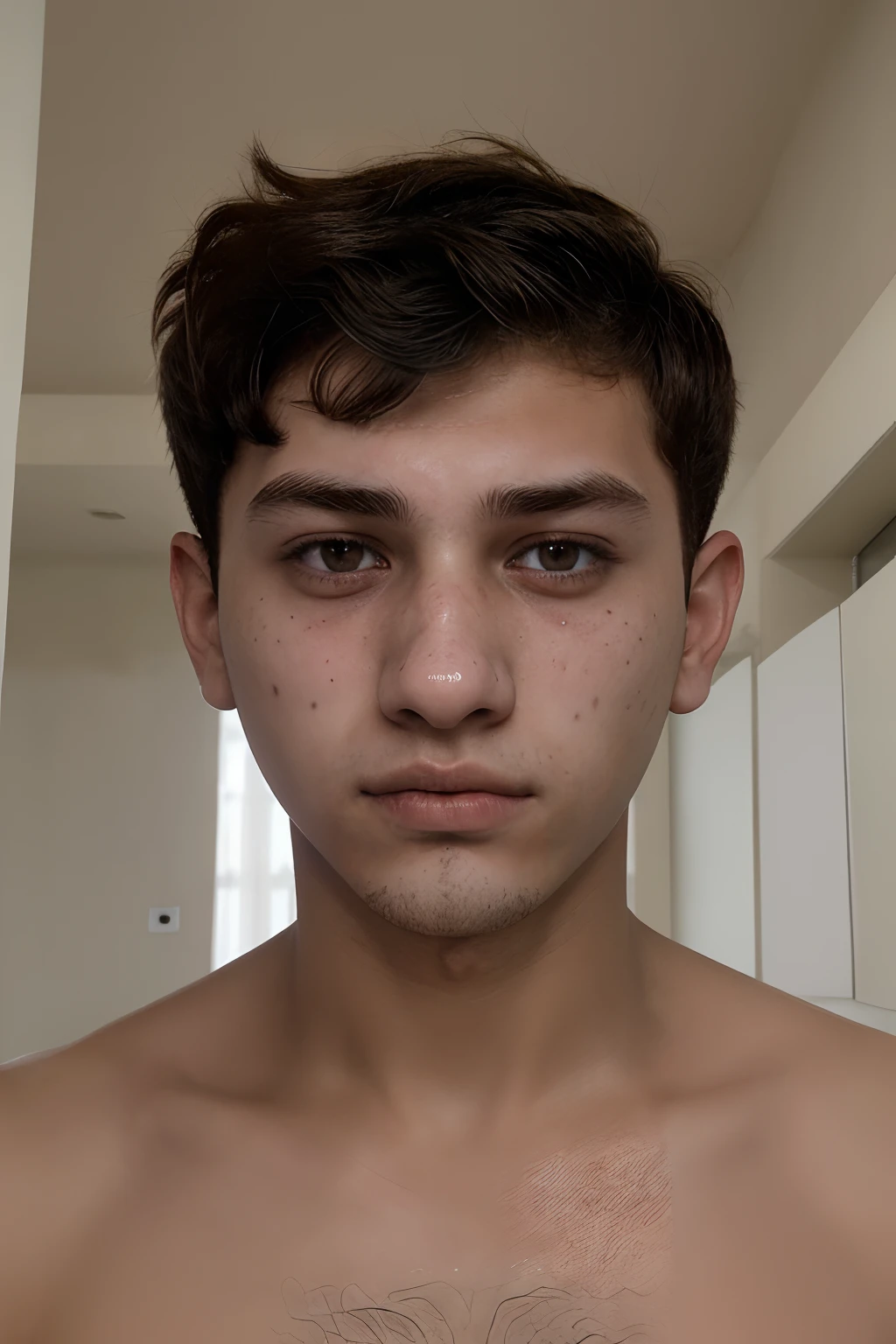 coarse short hair . Show face only. Age 20. It contains acne. not beautiful . He appears depressed and sad. He has a low testosterone deficiency. He has dark circles under the eyes. He doesn't care about himself. Inclined to ugliness. Saudi arabian genes and features