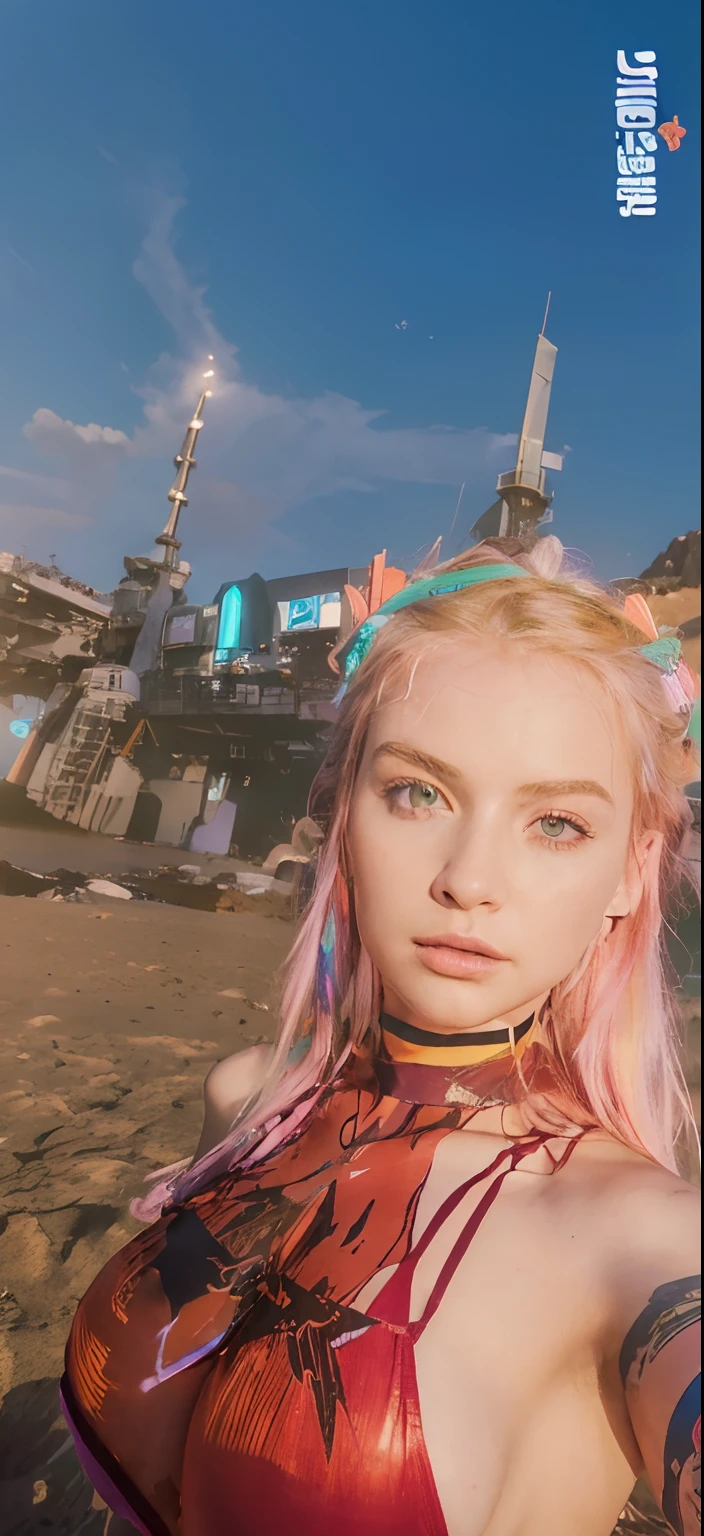 (masterpiece, best quality:1.4), cinematic light, colorful, high contrast, neon, sky, sunlight, space, beach, wave, no people, expansive landscape photography, (a view from below that shows the sky above and the sea below use a lot of purple and orange, details, warm colors and vibrant, pretty girl, big breast