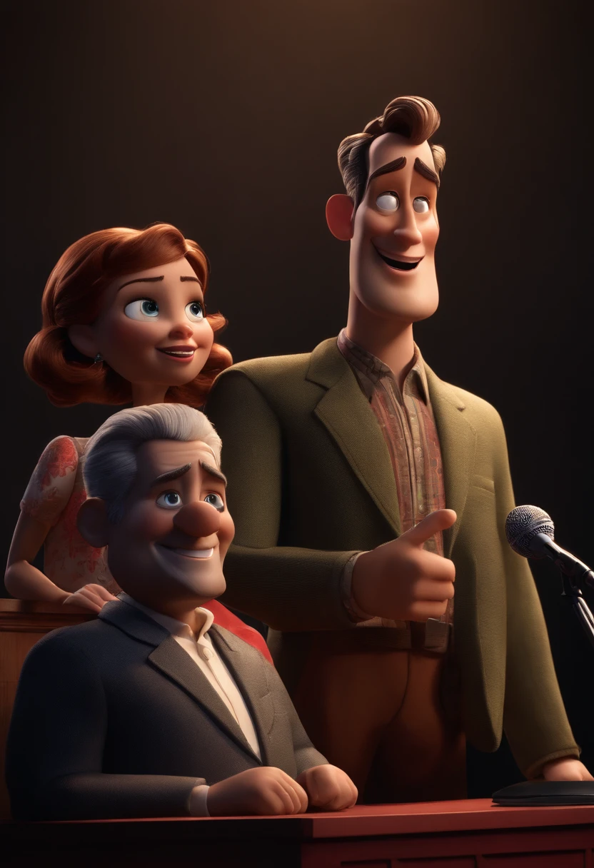 The man has a Disney 3D Pixar style, meaning he has exaggerated, expressive features but still maintains a realistic human appearance. He is standing, speaking into a microphone that is attached to a podium made of wood, which is shaped like a surfboard. He is wearing a gray shirt with a floral pattern.
The podium is placed against a black wall with a red stripe. The wall serves as a contrast for the man and the podium, helping them stand out in the image.
In the background you can see silhouettes of people. They are out of focus, which gives the impression that they are distant or moving.