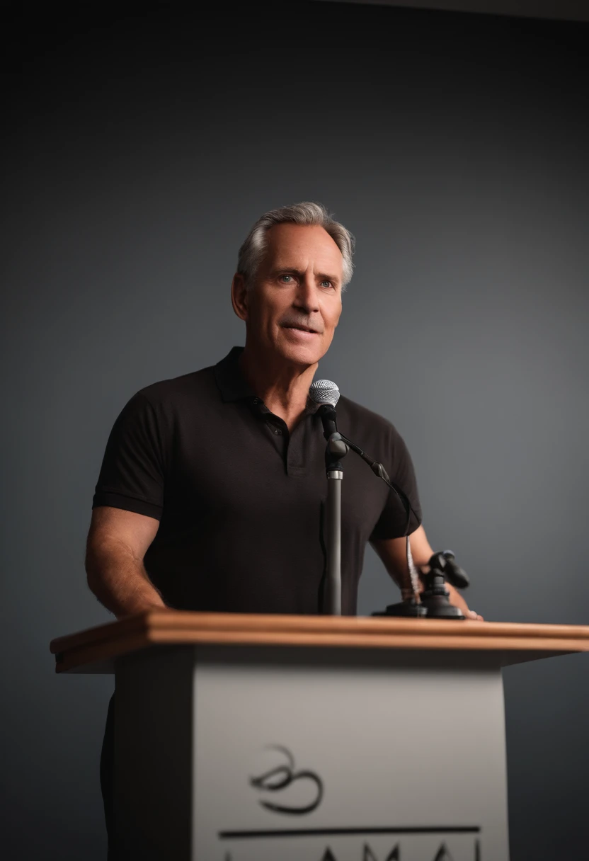 The man has a Disney 3D Pixar style, meaning he has exaggerated, expressive features but still maintains a realistic human appearance. He is standing, speaking into a microphone that is attached to a podium made of wood, which is shaped like a surfboard. He is wearing a gray shirt with a floral pattern.
The podium is placed against a black wall with a red stripe. The wall serves as a contrast for the man and the podium, helping them stand out in the image.
In the background you can see silhouettes of people. They are out of focus, which gives the impression that they are distant or moving.