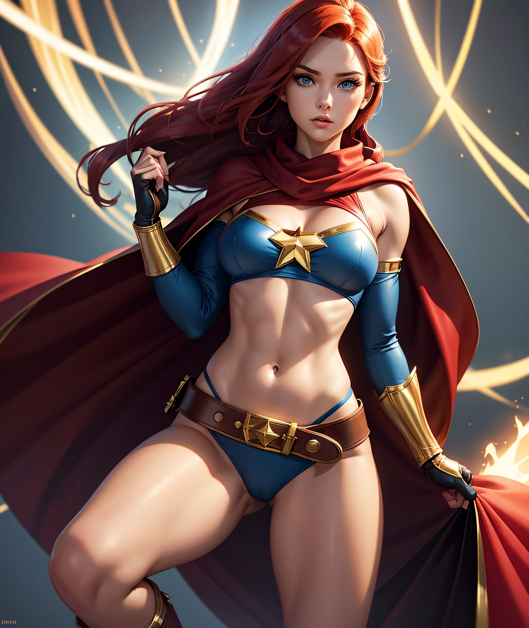 A 5'3 athletic woman who has fair skin. She has long red hair that goes between her shoulders. Large breasts and slight, muscular curves. Greenish-blue eyes. She has the superheroic outfit consist of a blue crop top with a golden Star shape insignia on the middle and detachable sleeves. A blue bikini bottom that is held by a red leather belt with a golden star shaped buckle in the middle of it. She even has the golden flair boots with the hint of white on top along with the golden flair gloves with the whitish hints, has a red scarf that is disguised as a cape.
