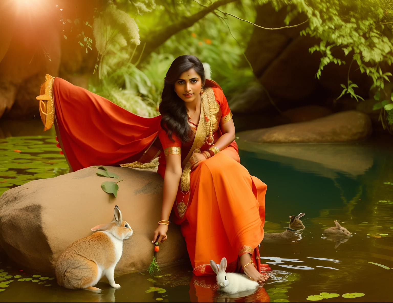 woman in Red dress sitting on rock with a rabbit and a carrot, very beautiful photo, traditional photography, traditional beauty, kerala motifs, movie stills photography, by Max Dauthendey, inspired by Raja Ravi Varma, stunning photoshot, with beautiful colors, kerala village, water reflection!!!!!, the most beautiful scene, in a pond, very beautiful, beautiful scene